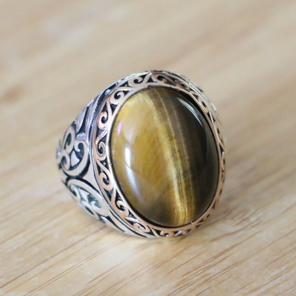 925 Sterling Silver Men's Ring with Tiger Eye -Super Elegant - Picture 2 of 10